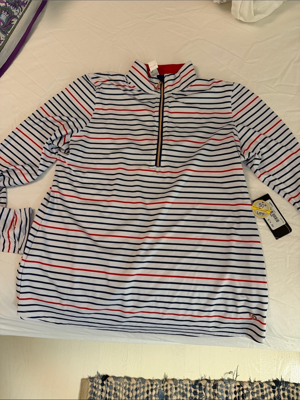 Striped UV sports shirt - White with Navy & Red Stripes